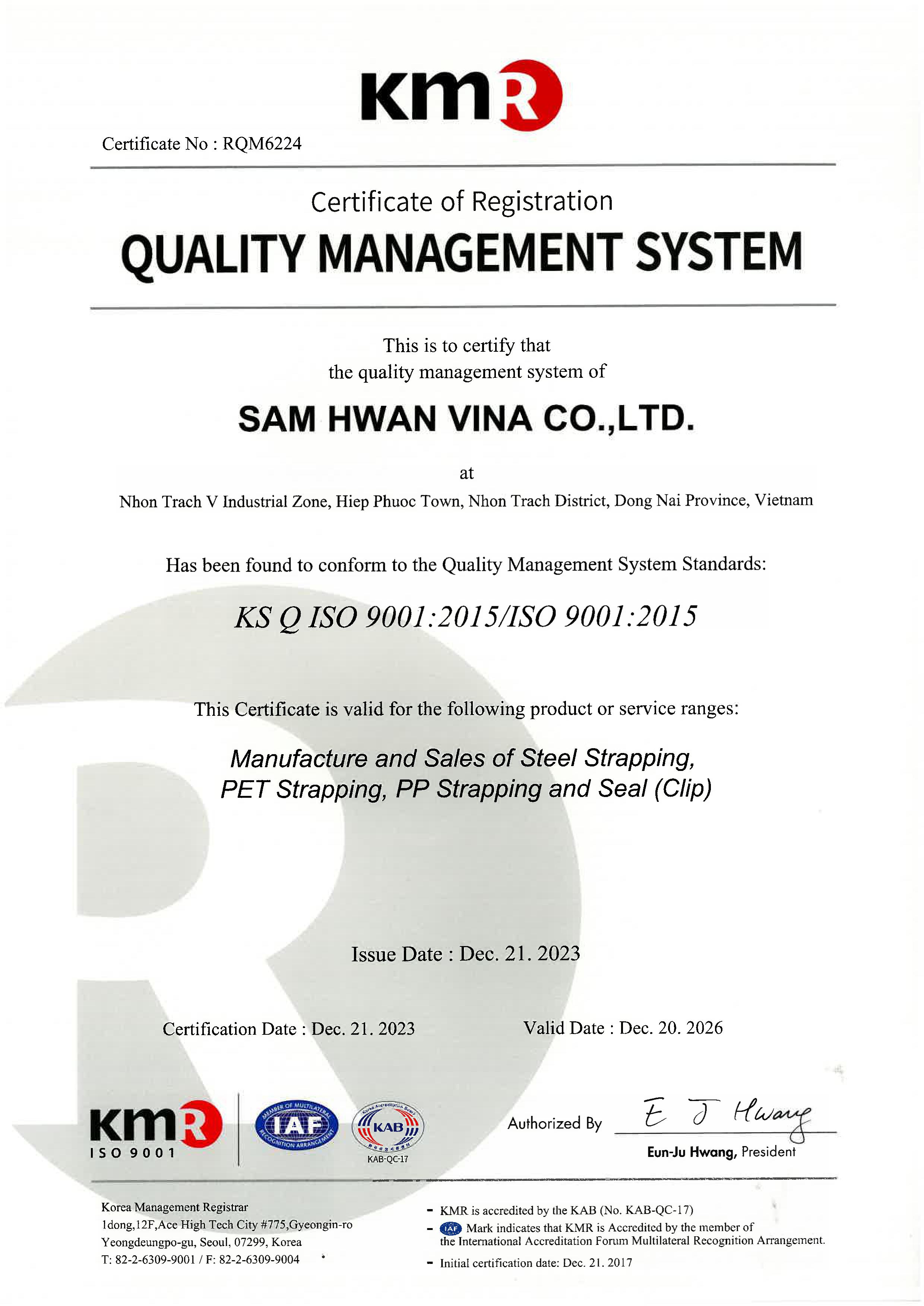 Chứng nhận - Công Ty Trách Nhiệm Hữu Hạn Sam Hwan Vina